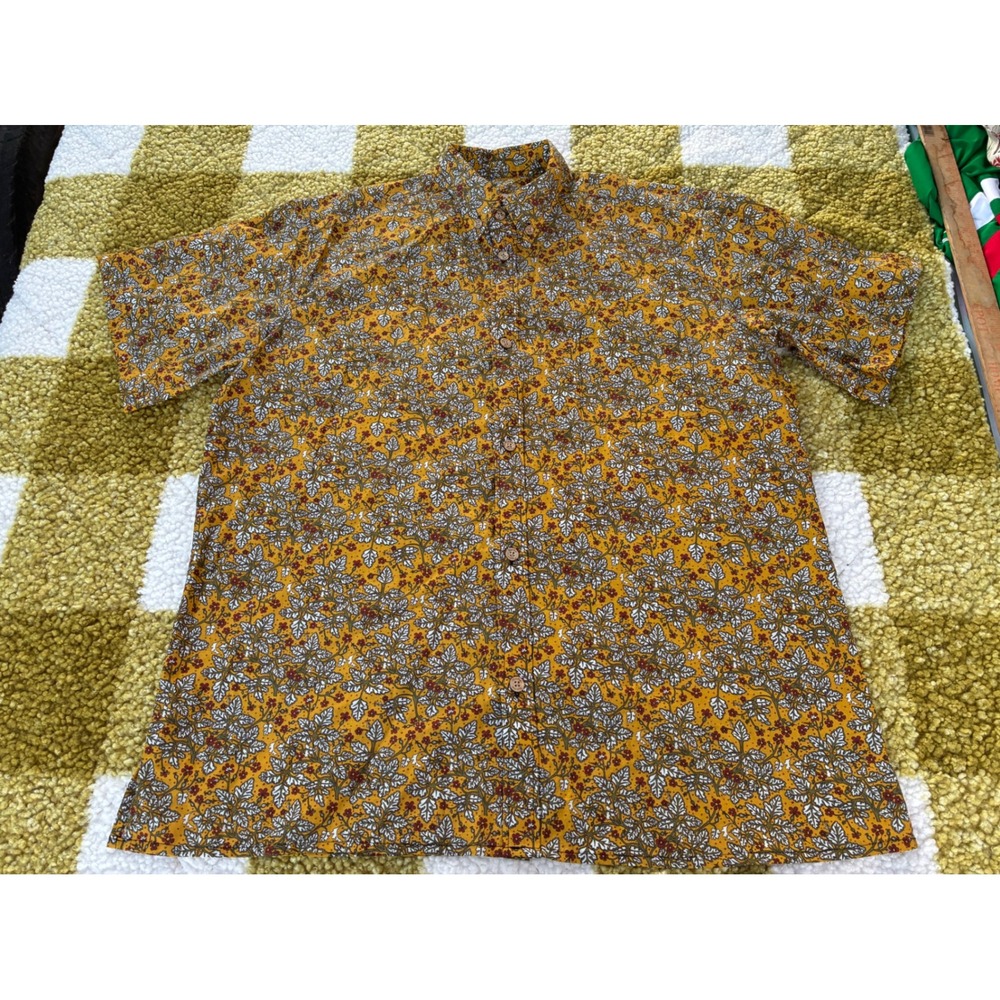 Yiume Mens XL Floral Print Short Sleeve Button Up Shirt Yellow Beach Vacation